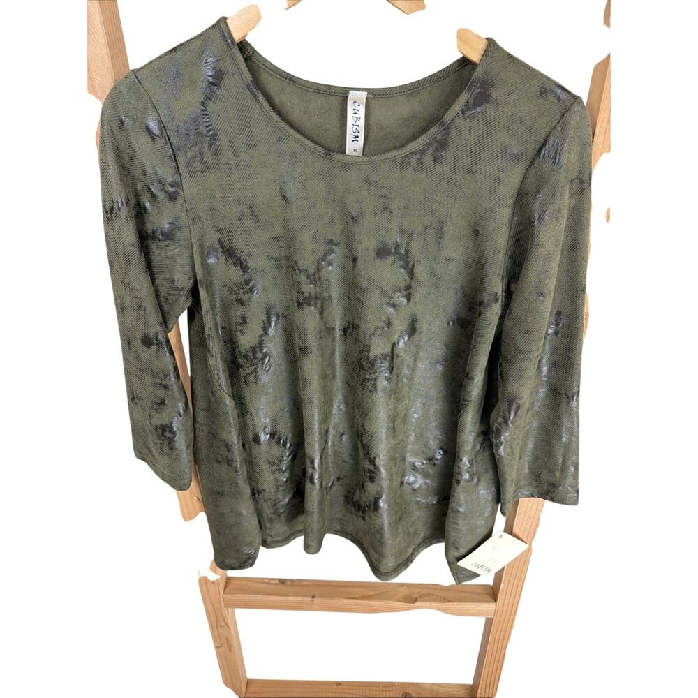 NWT Cubism Green Black Faux Leather Burnished High Low Long Sleeve Top Size XS